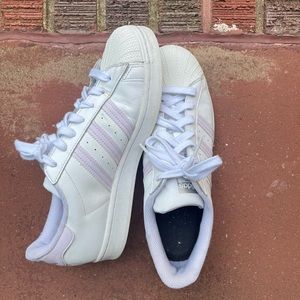 Women's White Leather Lavender striped Adidas Superstar